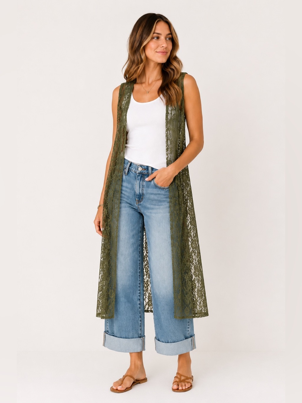 LuLaRoe Joy Lace Duster Cardigan Olive Green Sheer Sleeveless Longline Sm Rare